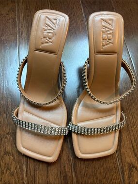 ZARA Beige Crystal-Strap Square Toe Heels